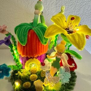 Whimsical Fairy Garden Decor with Orange house and yellow flower pen holder